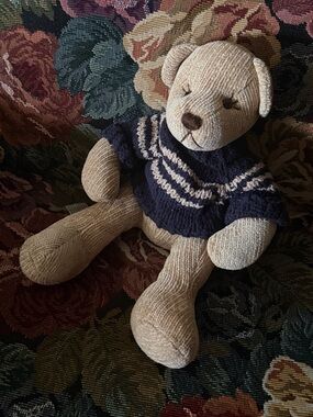Vintage Teddy Bear wearing a Crochet Sweater Plush Stuffed Animal PLUSHIE